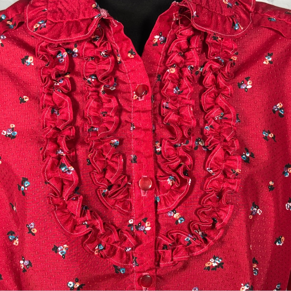 Vintage 80s Red Floral Puff Sleeve Ruffled Cottagecore Button Down Top M/L